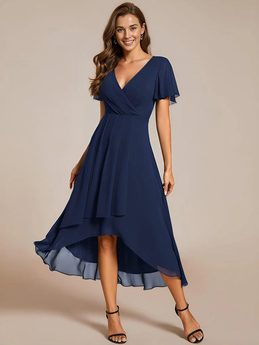 2X1 V-Neck A-Line Midi Chiffon Wedding Guest Dress