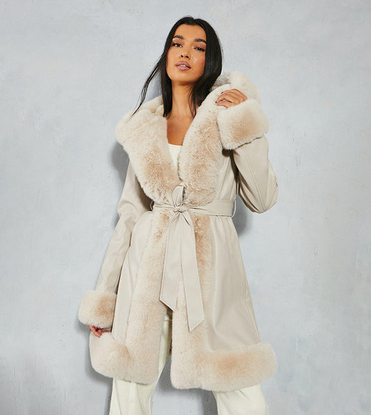 Faux Fur Leather Look Belted Midi Length Coat